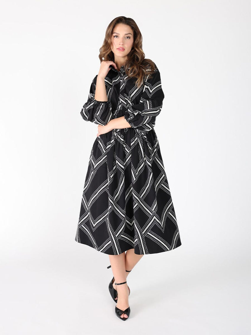 Printed shirt collar elastic waist dress