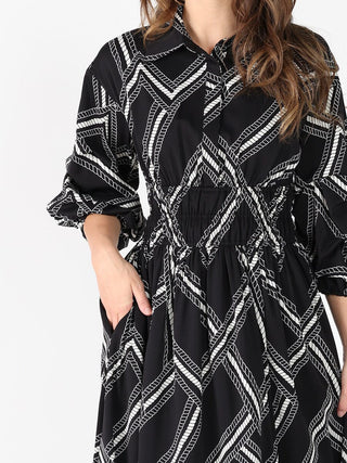 Printed shirt collar elastic waist dress