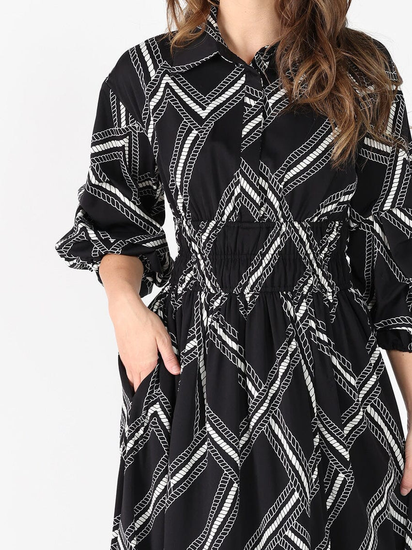 Printed shirt collar elastic waist dress