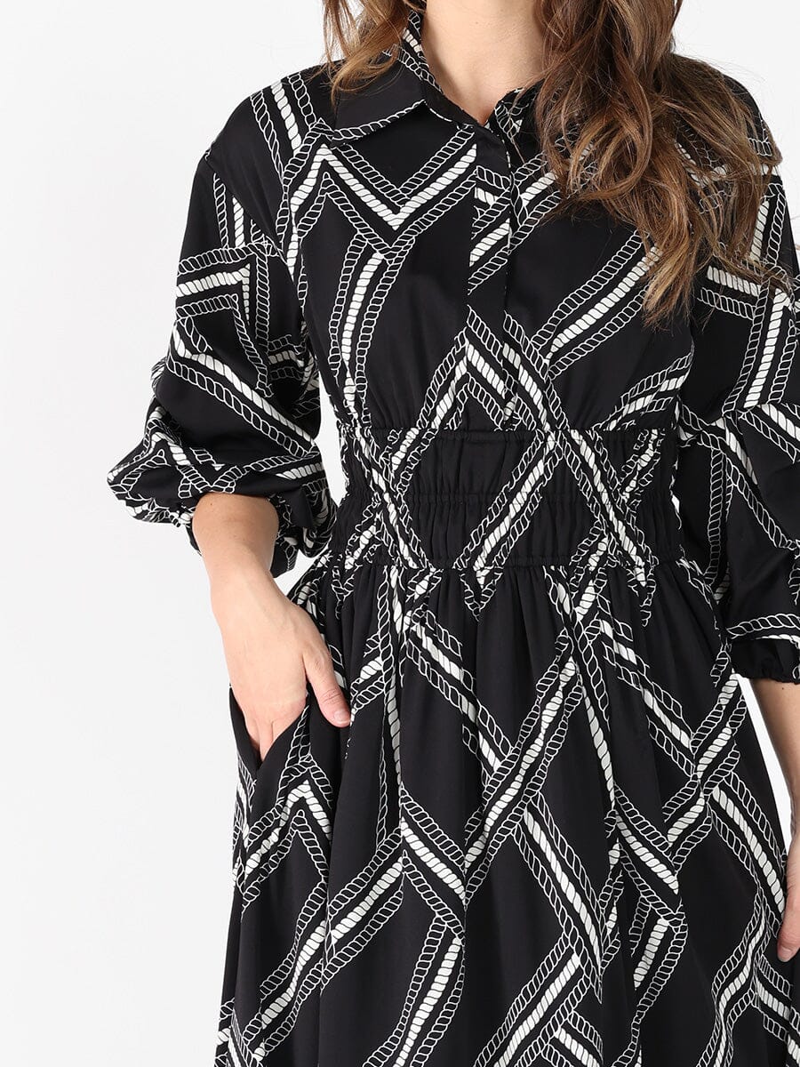 Printed shirt collar elastic waist dress - Glamourous Grace