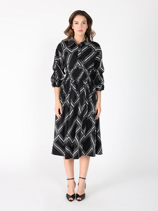 Printed shirt collar elastic waist dress
