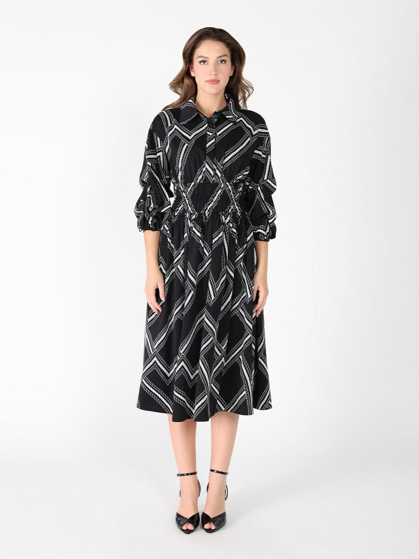 Printed shirt collar elastic waist dress