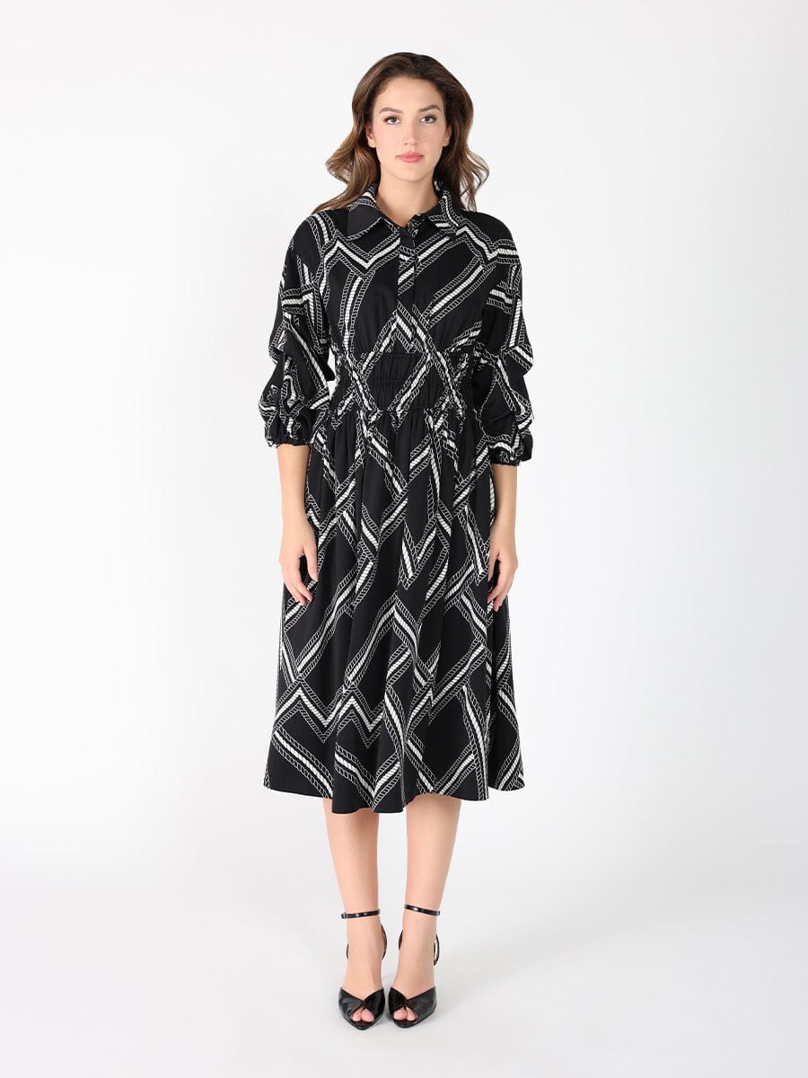Printed shirt collar elastic waist dress - Glamourous Grace