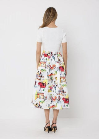 Printed Skirt w/ Ribbed Short Sleeve Top Midi Dres