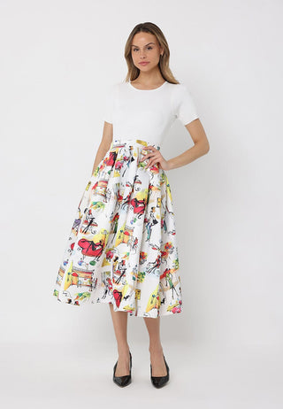 Printed Skirt w/ Ribbed Short Sleeve Top Midi Dres
