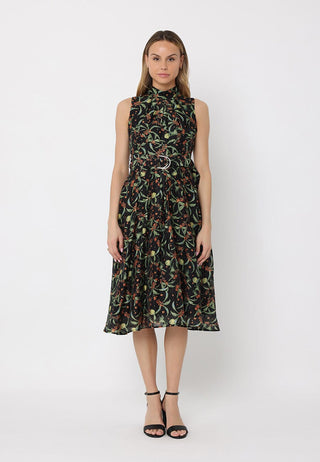 Printed sleeveless waist band dress