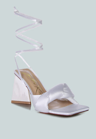 Pristine Satin Strap Triangular Block Heel Sandals