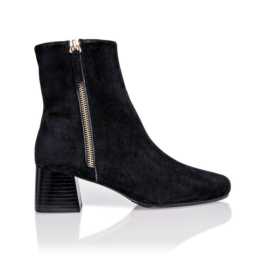 Arina Dress Ankle Bootie with a Block Heel in Black Suede - Glamourous Grace