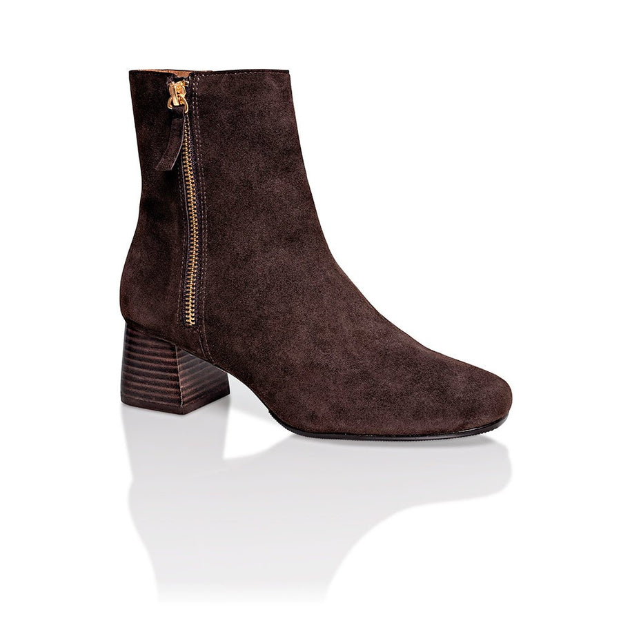 Arina Dress Ankle Bootie with a Block Heel in Café - Glamourous Grace