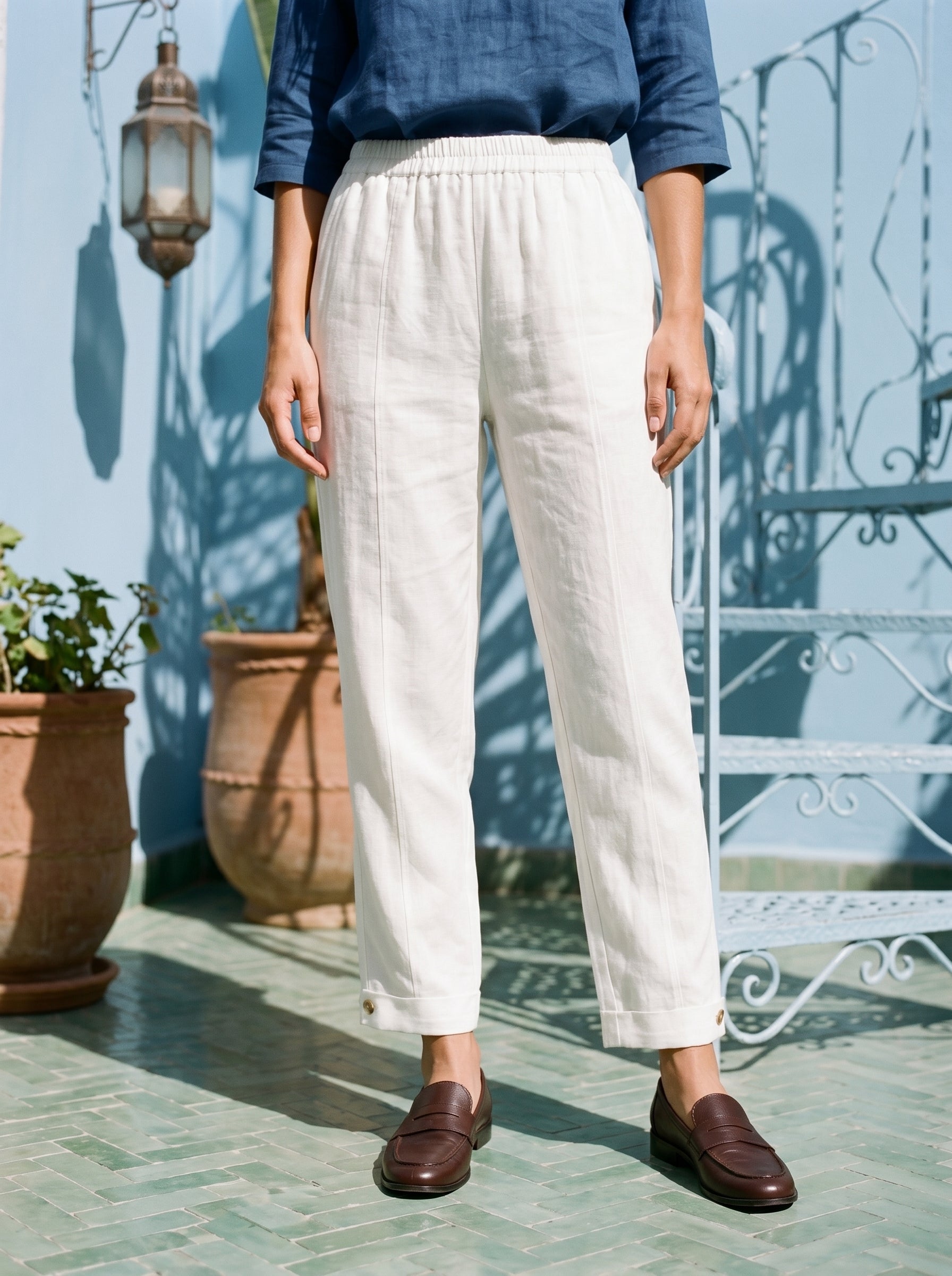 100% Linen Straight-Leg Pants with Elastic Waist PATRICE - Glamourous Grace