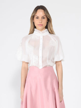 Puff sleeve embroidered organza top