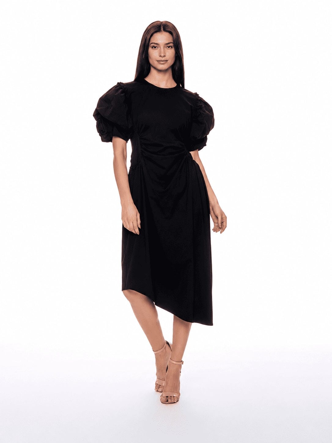 Puff Sleeve Ruched Pocketed Asymmetric Hem Dress - Glamourous Grace