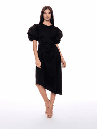 Puff Sleeve Ruched Pocketed Asymmetric Hem Dress