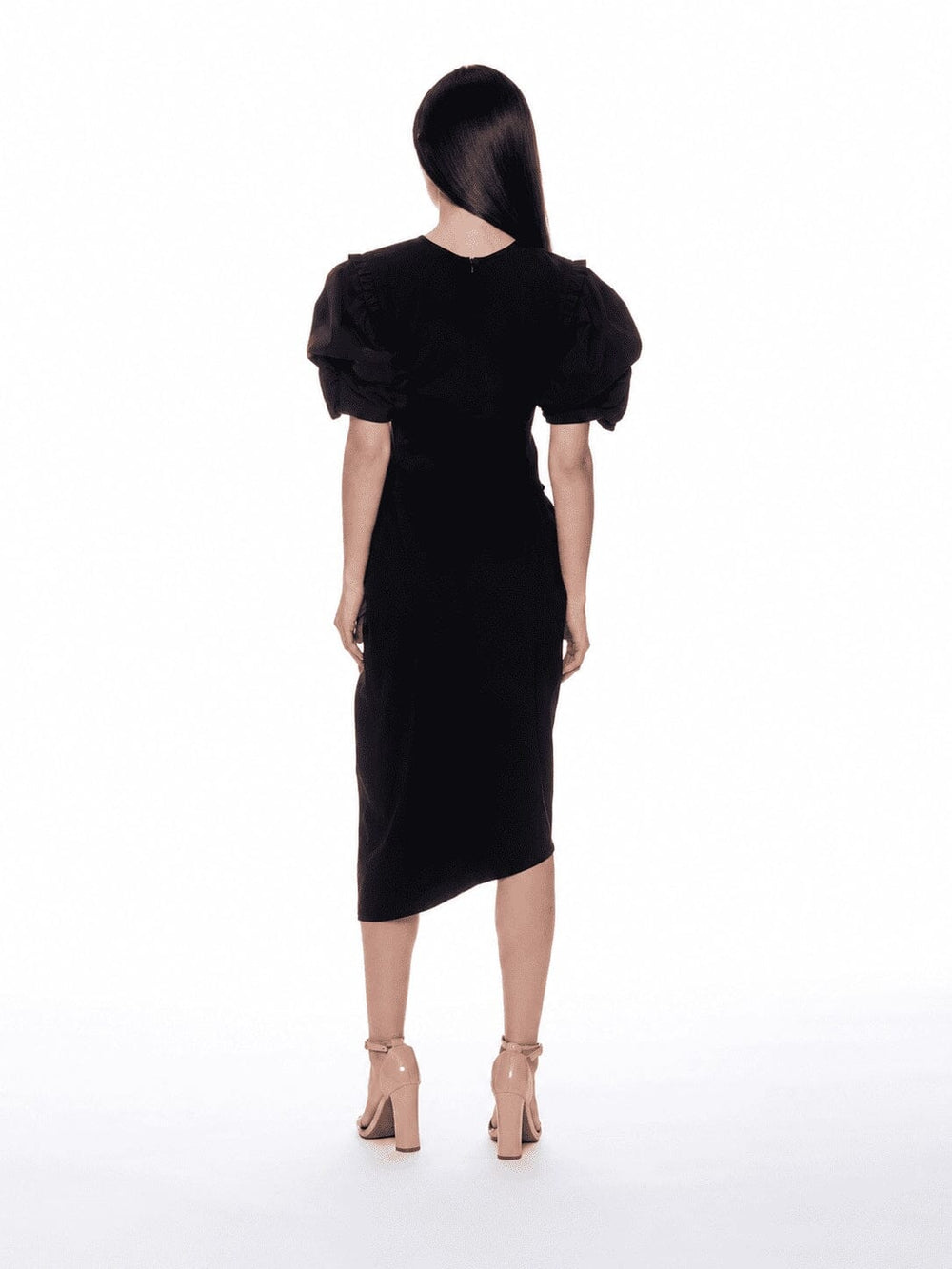 Puff Sleeve Ruched Pocketed Asymmetric Hem Dress