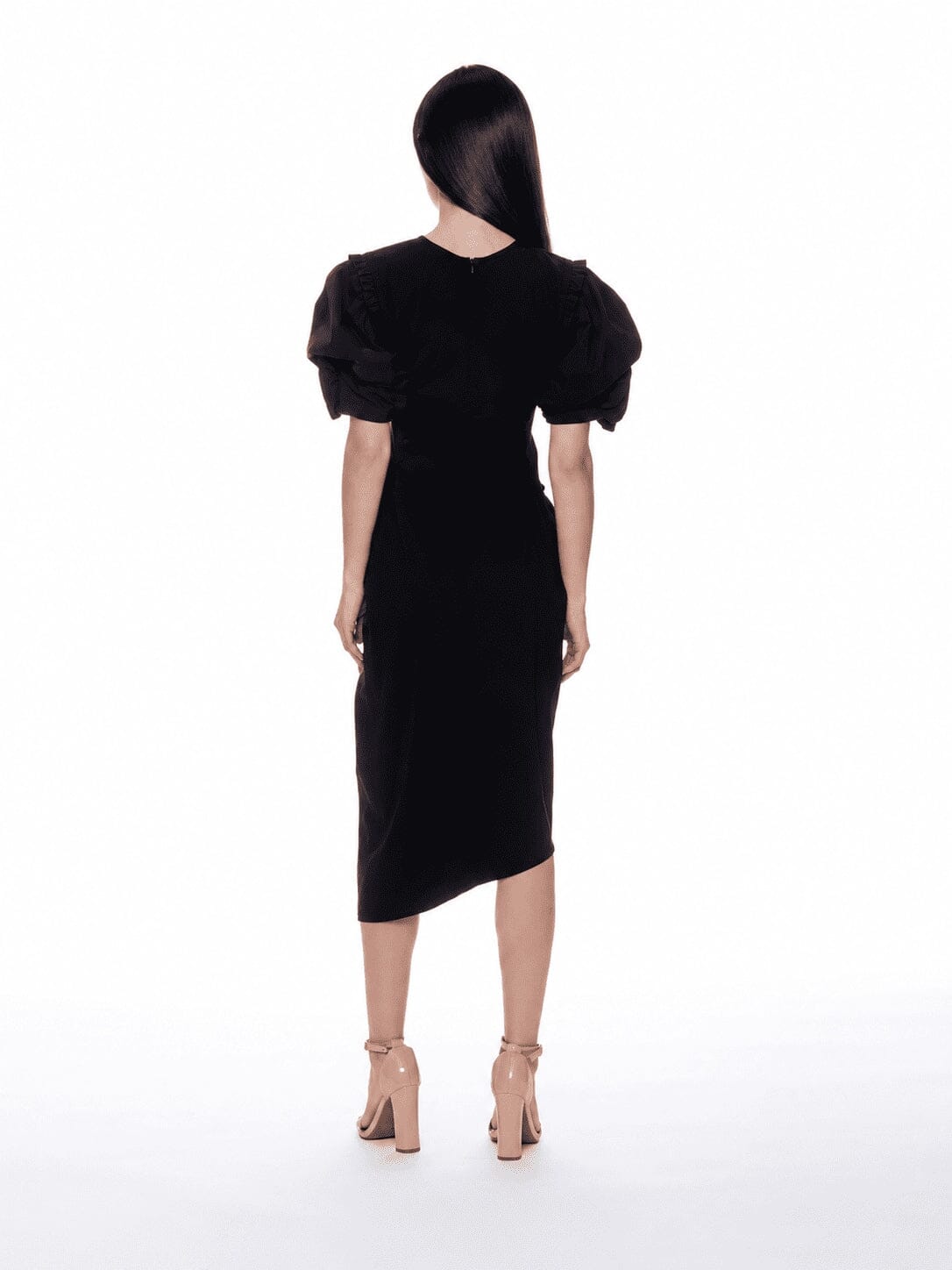 Puff Sleeve Ruched Pocketed Asymmetric Hem Dress - Glamourous Grace