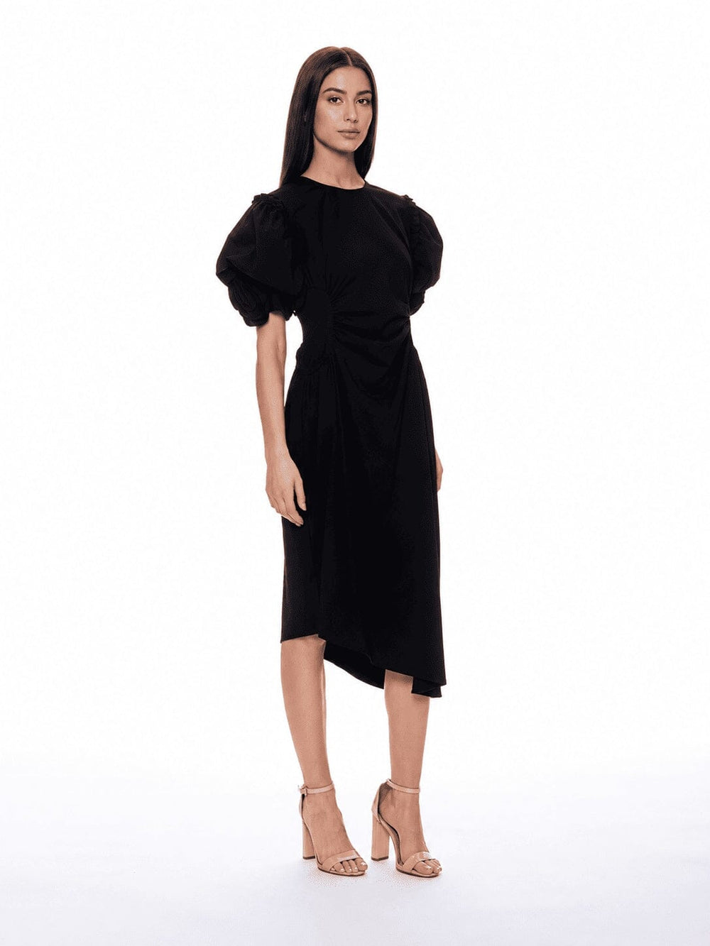 Puff Sleeve Ruched Pocketed Asymmetric Hem Dress