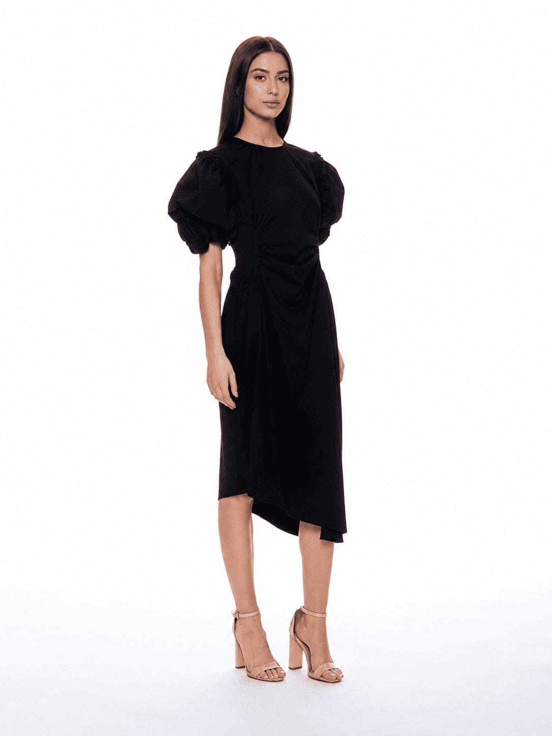 Puff Sleeve Ruched Pocketed Asymmetric Hem Dress - Glamourous Grace