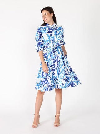 Puffed plated quater sleeve belt dress