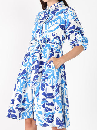 Puffed plated quater sleeve belt dress
