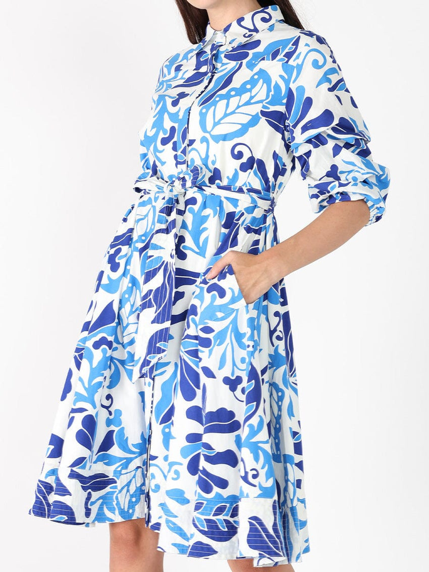 Puffed plated quater sleeve belt dress