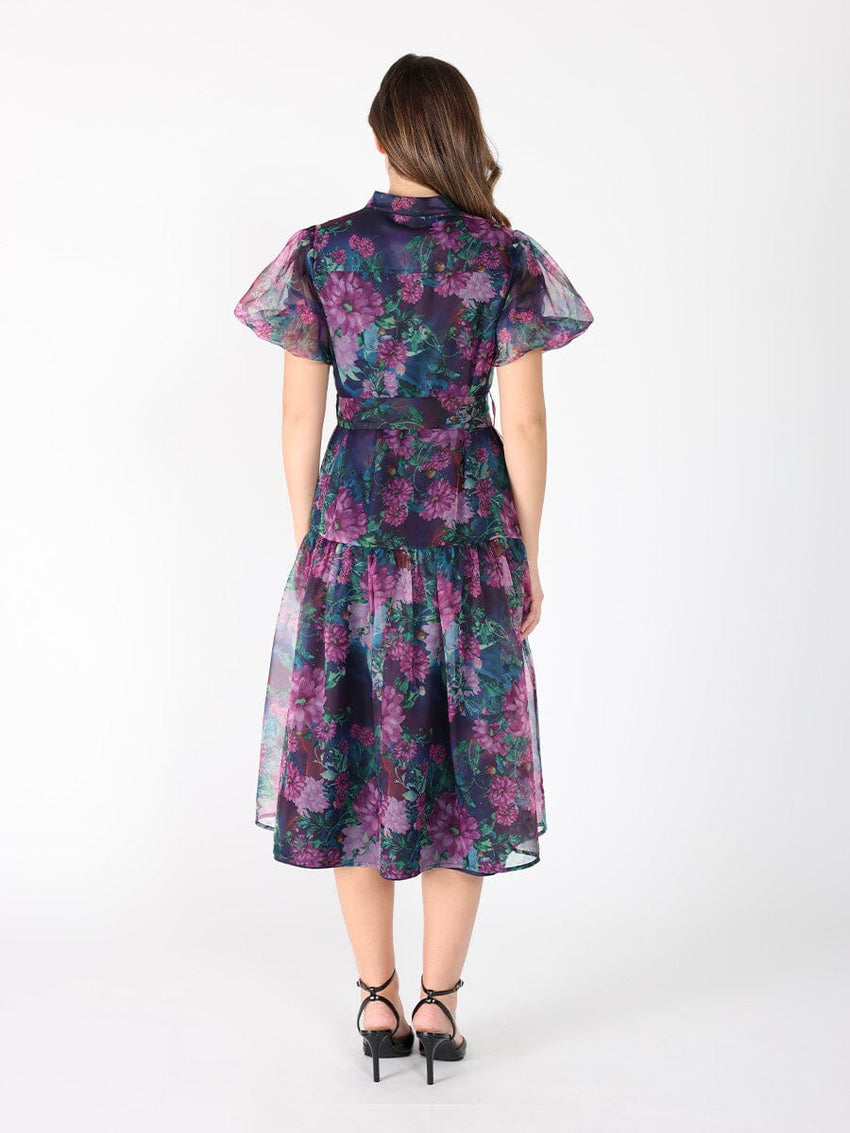 Puffed sleeve band collar belt dress