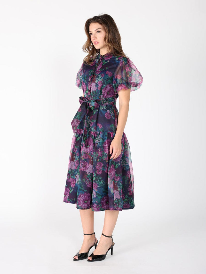 Puffed sleeve band collar belt dress