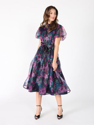 Puffed sleeve band collar belt dress