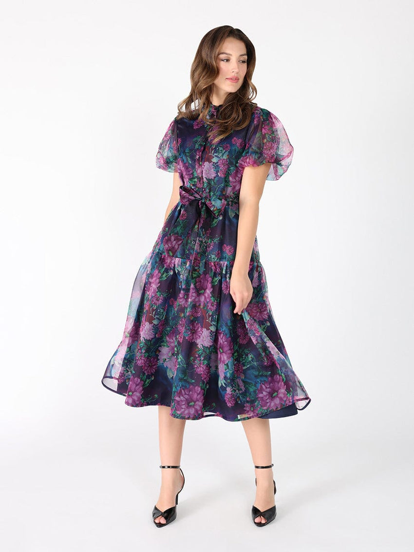Puffed sleeve band collar belt dress