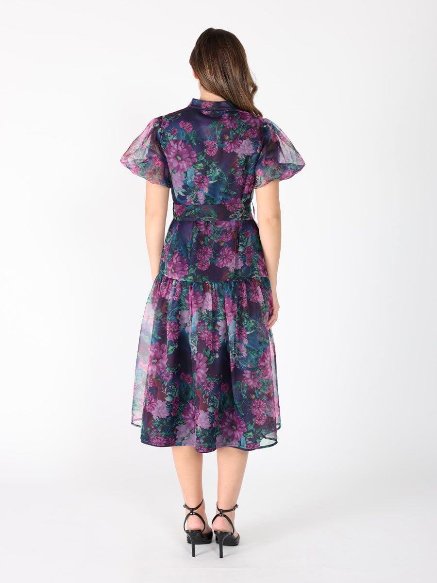 Puffed sleeve band collar belt dress - Glamourous Grace