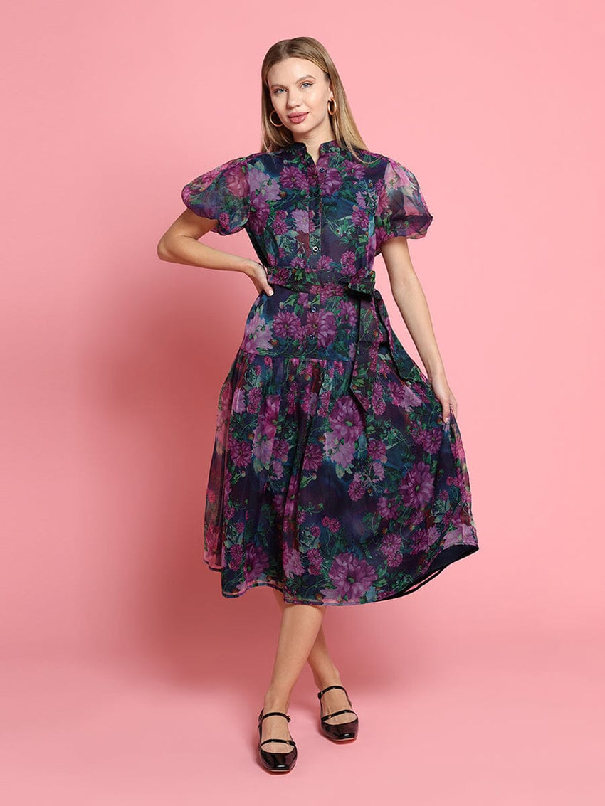 Puffed sleeve band collar belt dress
