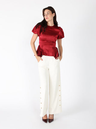 Puffed Sleeve Ruffle Bottom Crew Neck Top