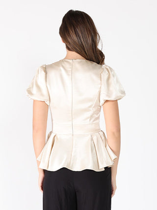 Puffed Sleeve Ruffle Bottom Crew Neck Top