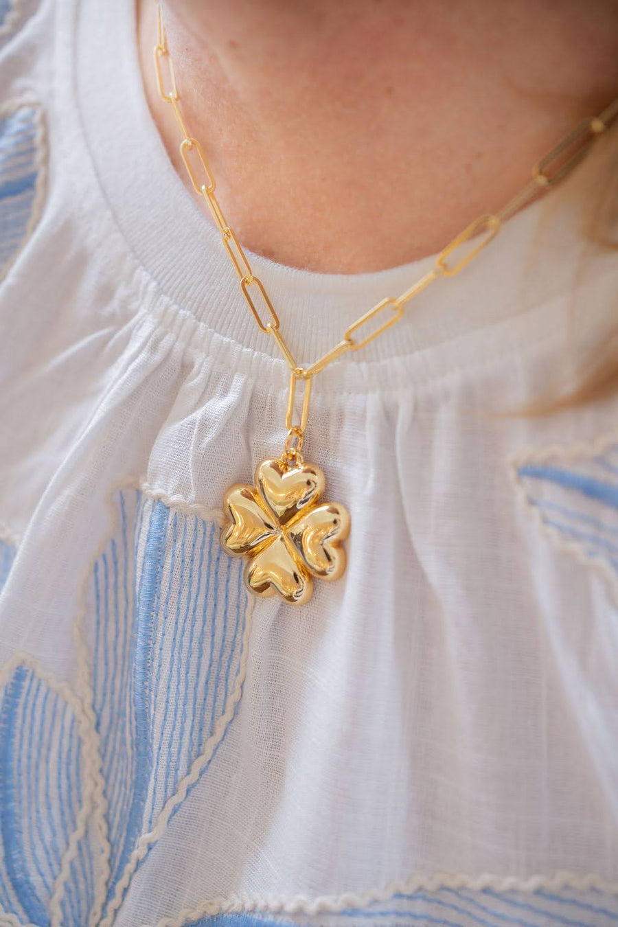 Puffy Shamrock Necklace with gold chain - 18k Plated Necklace - Glamourous Grace