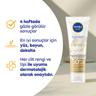 Nivea Sun Luminous630 SPF 50 Face Sunscreen: Reduce Dark Spots, Anti-Aging, Hyaluronic Acid - Daily Sun Protection Cream - Glamourous Grace