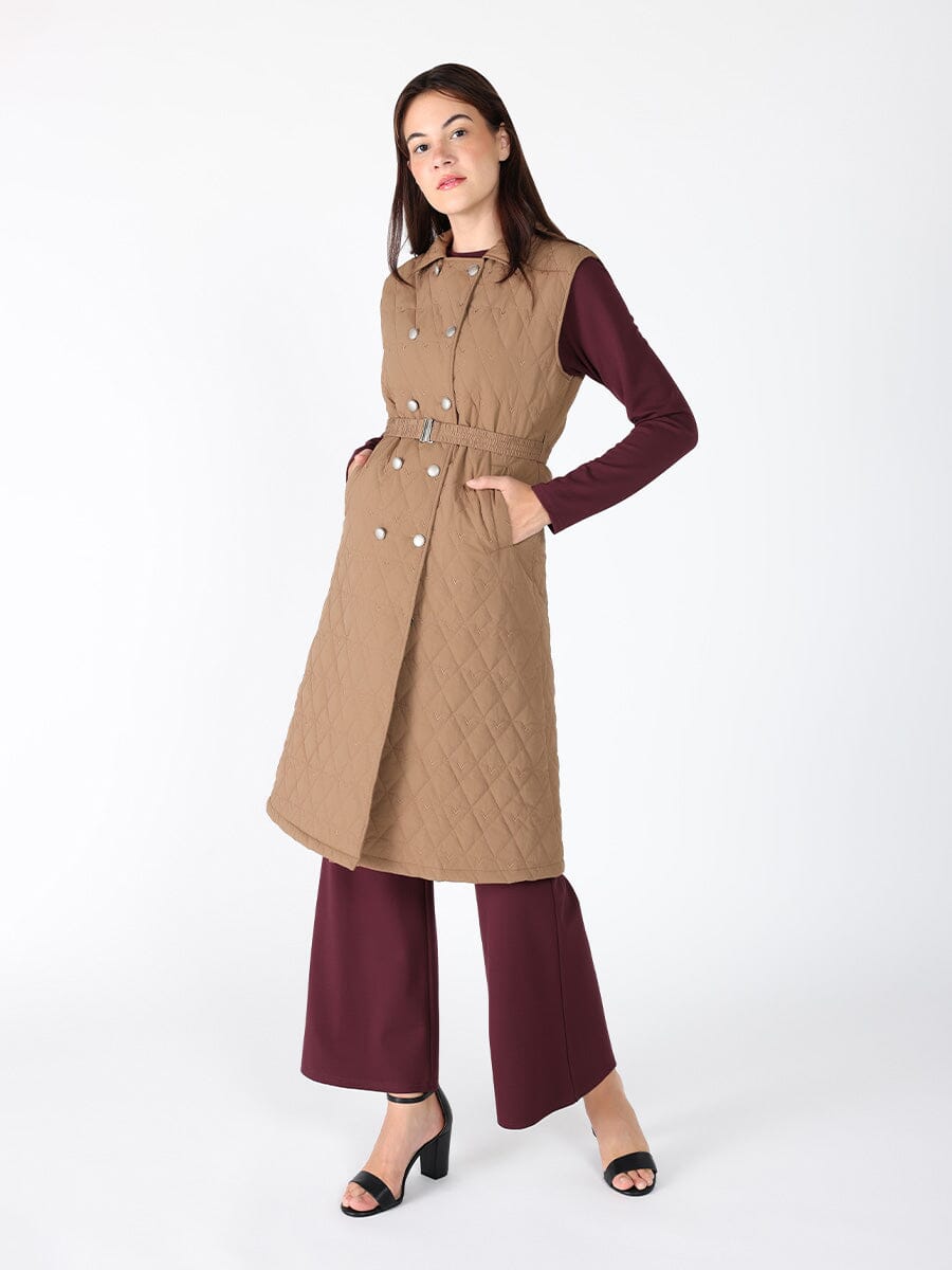 Quilted Sleeveless Belted Long Jacket - Glamourous Grace
