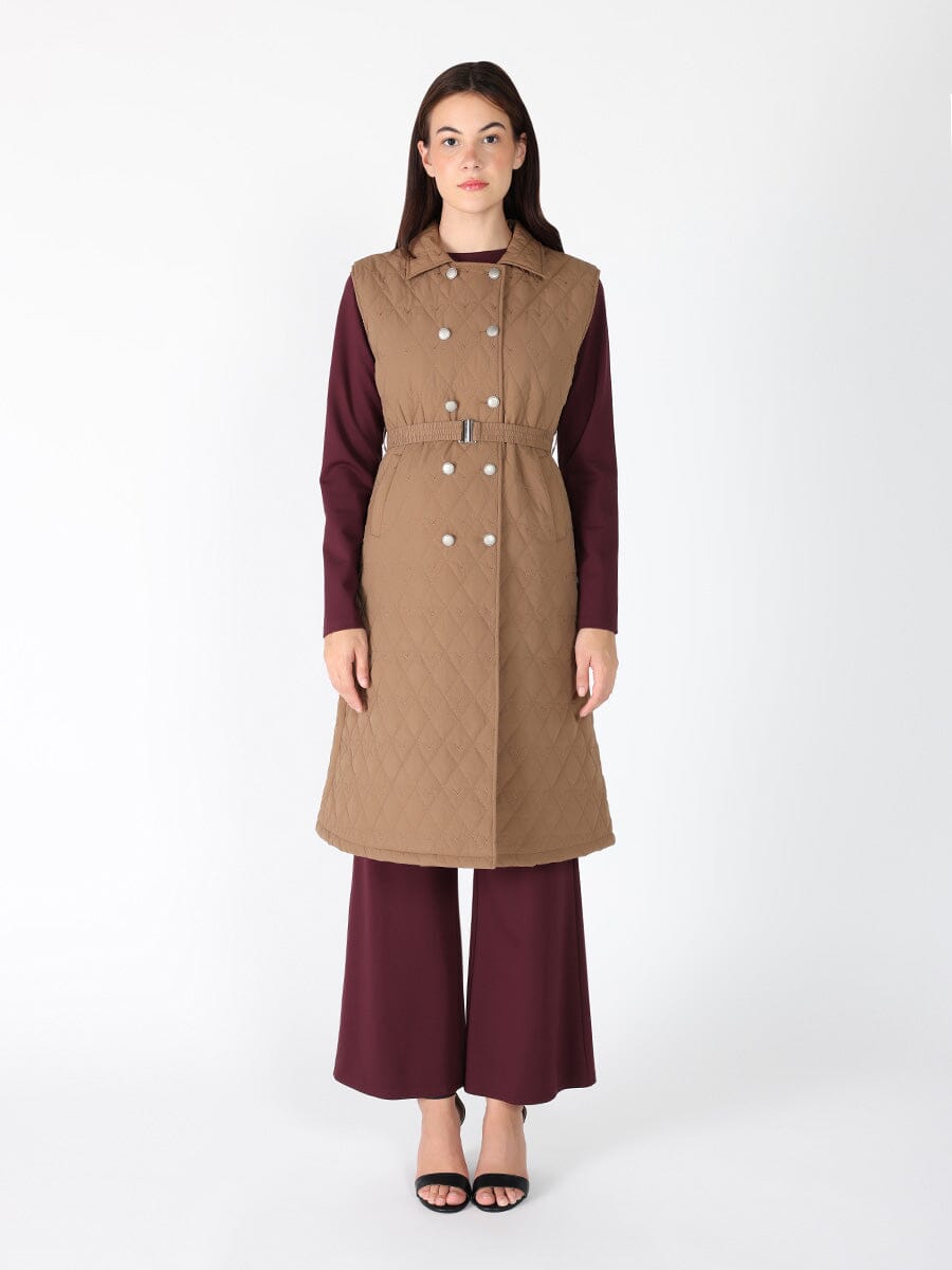 Quilted Sleeveless Belted Long Jacket - Glamourous Grace