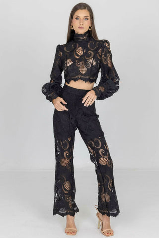 Rebecca Guipure Lace Top & Pant Set In Black