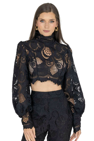 Rebecca Guipure Lace Top & Pant Set In Black