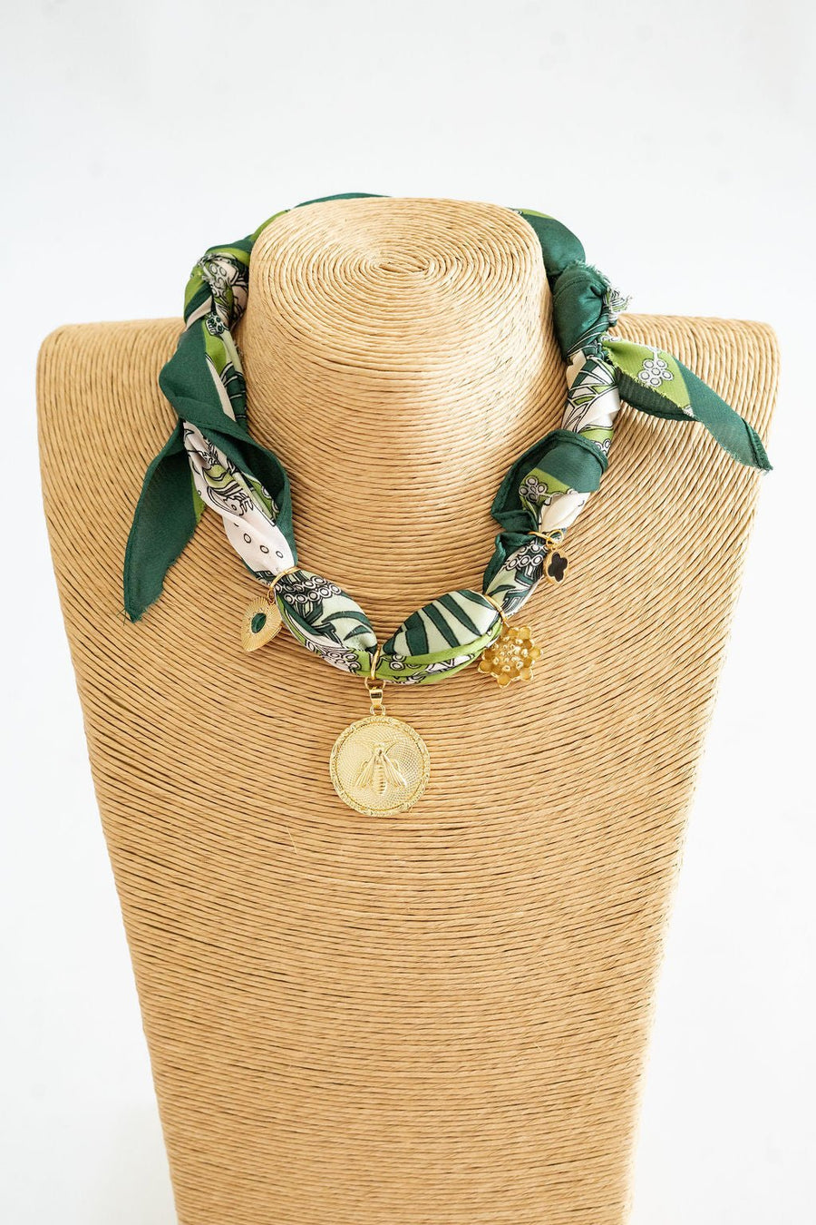 Reese - Green Bee Charm -  Scarf Necklace - Glamourous Grace
