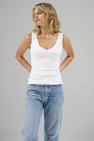 V Slim Ribbed Tank | White