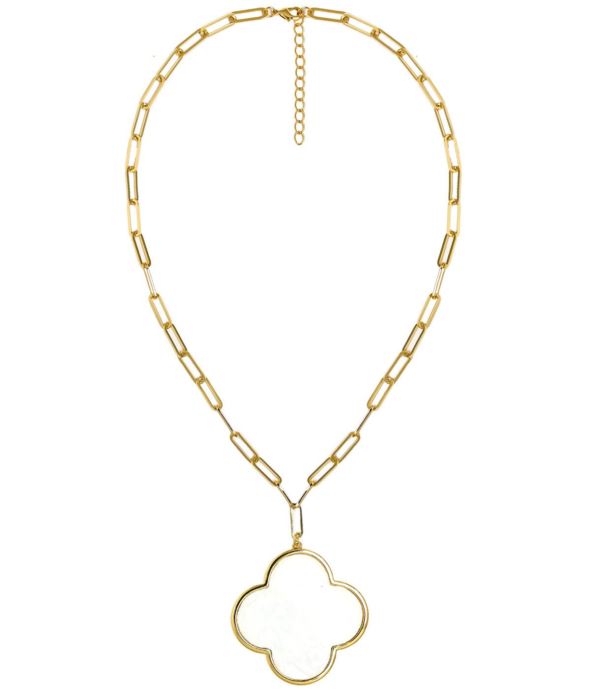 Riley Large Clover Shell Necklace - 18k Plated Paper Clip Chain - Glamourous Grace