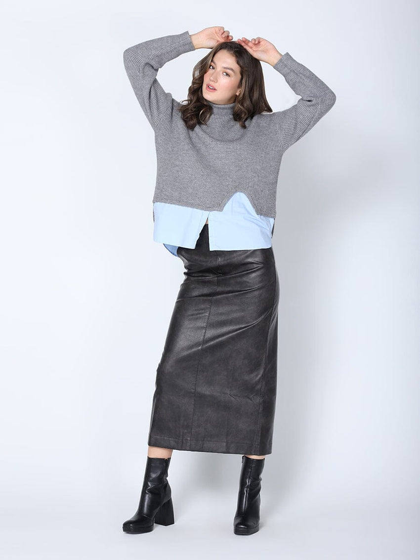 Roll-Neck Slit Sweater Layering with Shirt