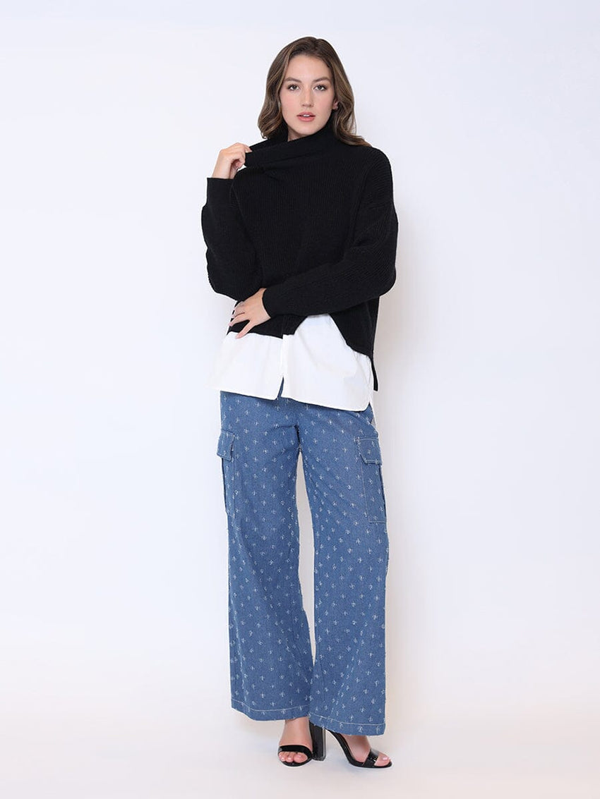 Roll-Neck Slit Sweater Layering with Shirt
