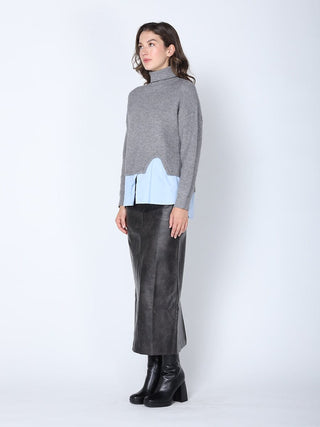 Roll-Neck Slit Sweater Layering with Shirt