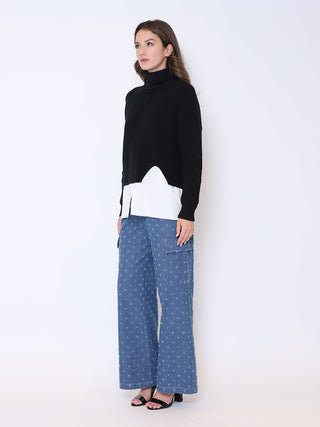 Roll-Neck Slit Sweater Layering with Shirt