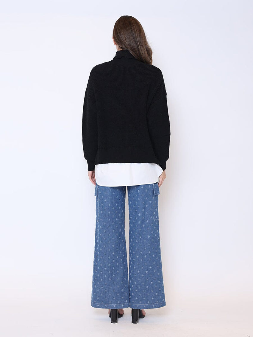 Roll-Neck Slit Sweater Layering with Shirt