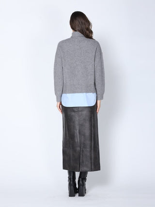 Roll-Neck Slit Sweater Layering with Shirt