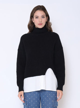 Roll-Neck Slit Sweater Layering with Shirt