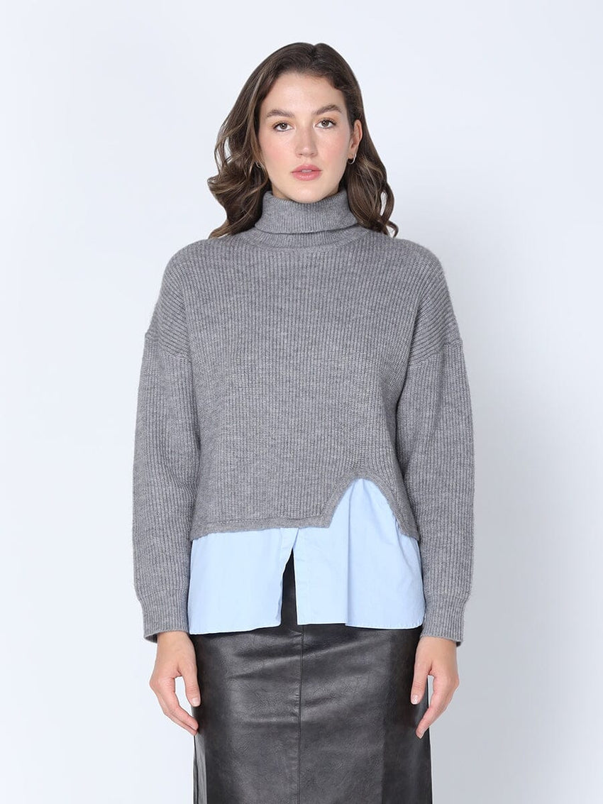 Roll-Neck Slit Sweater Layering with Shirt