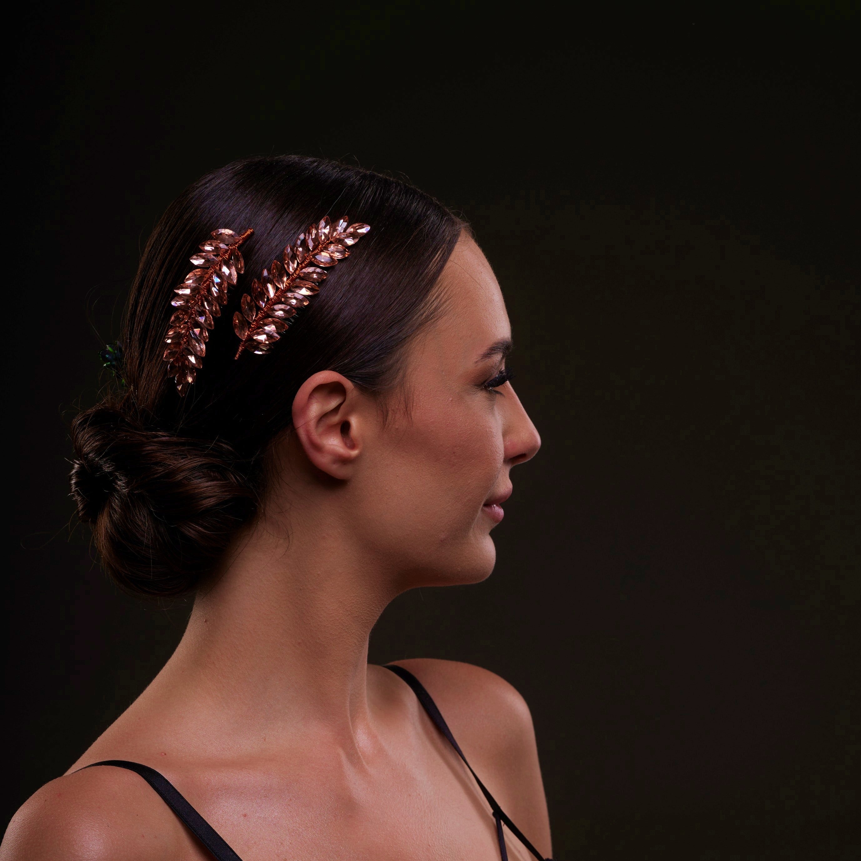 Rose  Gold Crystal Leaf Hair Comb Set - Glamourous Grace